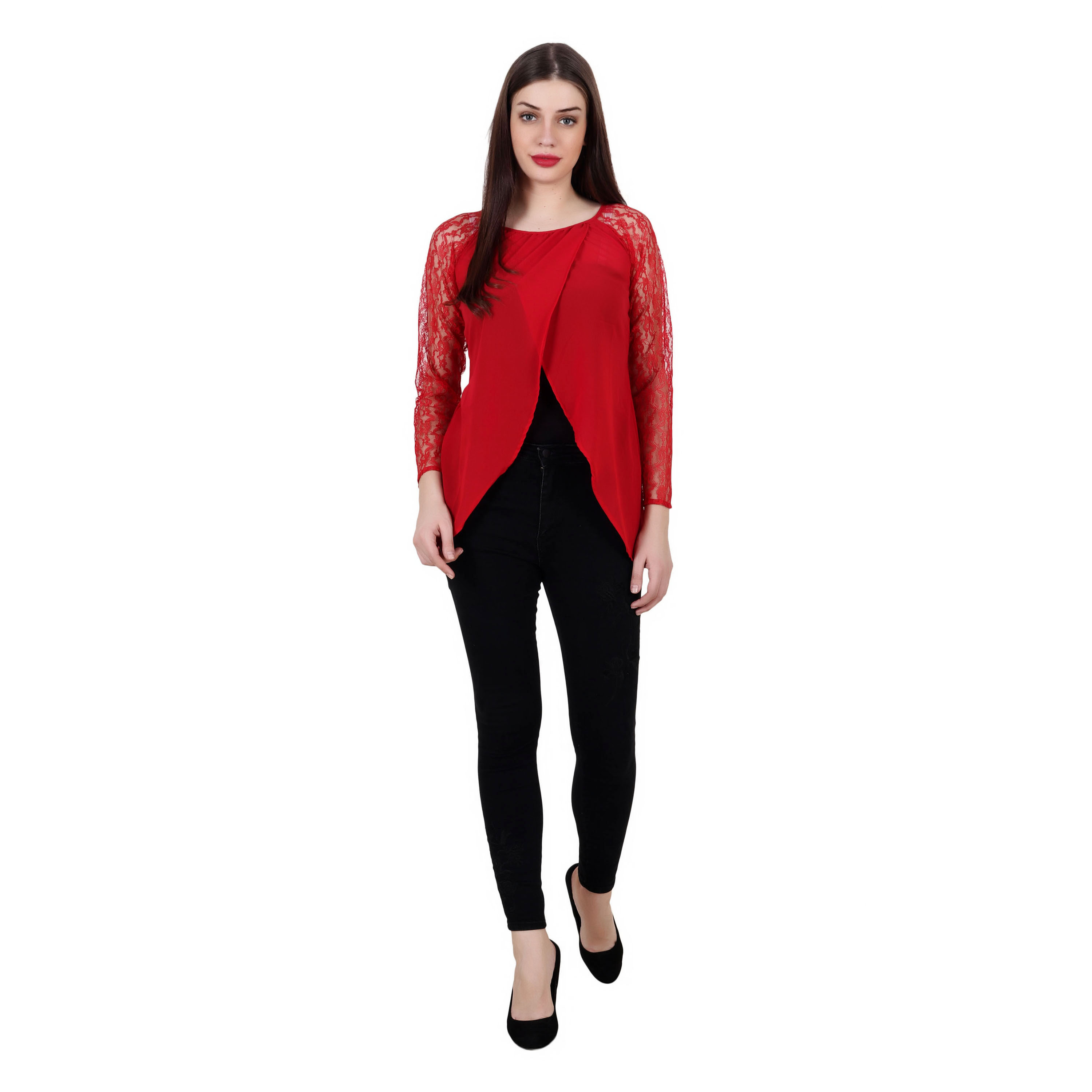 RED REGULAR NET SLEEVE TOP